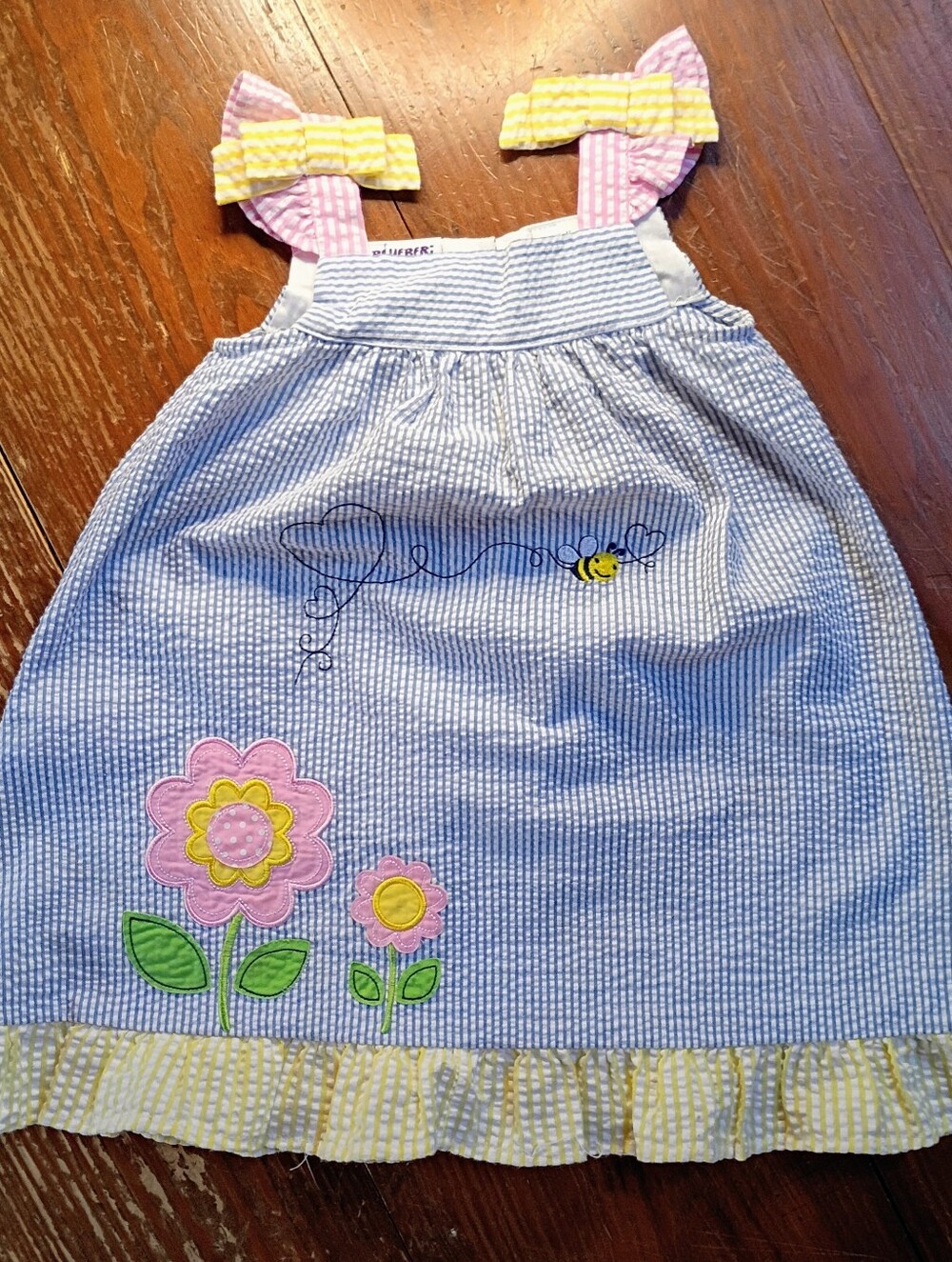 Blueberi Boulevard Seersucker Flower Dress Bee Embroidered 3t